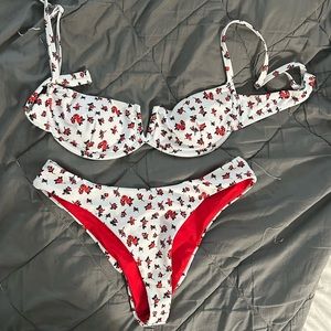 Red and white floral bikini